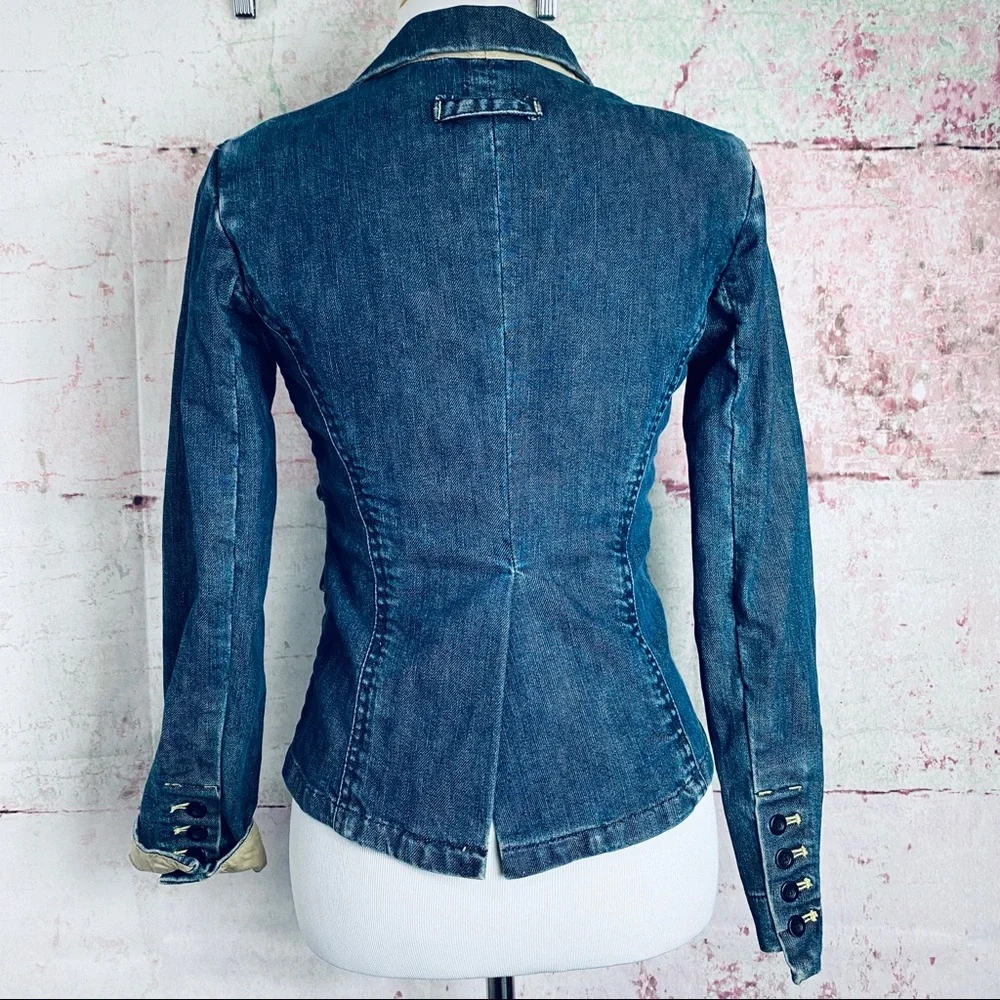 Louie Women Blue Denim Utility Blazer Jacket Size 4 Single Button‎ Flap Pockets